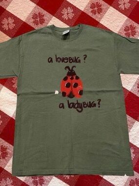Gildan Olive Green Tee with Red Ladybug Graphic